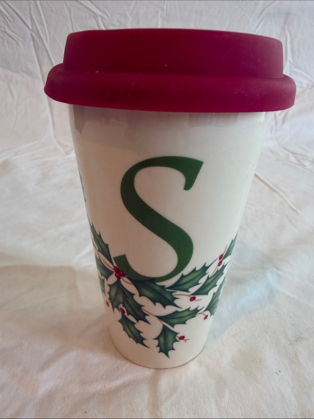 Lenox Holiday Ceramic Travel Mug with Red Lid and Green “S” Monogram